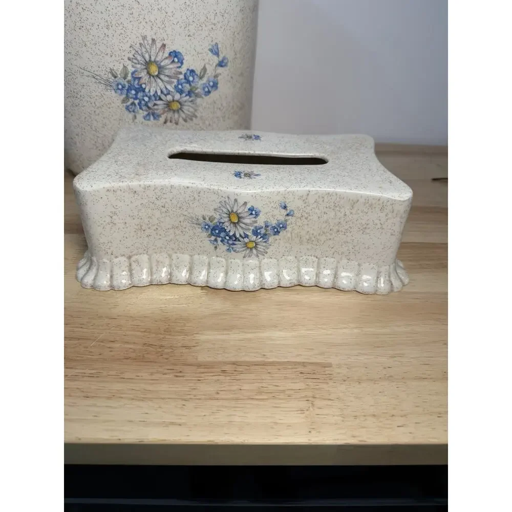 VTG 1983 Gator Mold Ceramic Vanity Bathroom Set of 3 Speckled Blue Floral